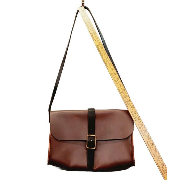 Brown Leather Box Purse Two Tone Black Strap Stiff Cowhide Crossbody Messenger - Picture 2 of 7